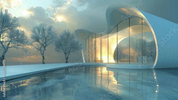 Fototapeta Futuristic winter house with flowing organic architecture and warm glowing interior, reflected in a still water pool at sunset