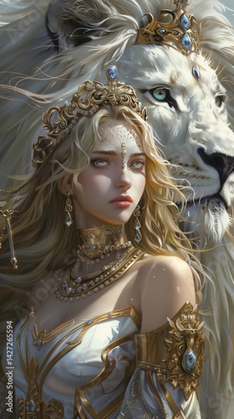 Fototapeta Regal fantasy woman in ornate white and gold armor standing beside a crowned white lion, both adorned with sapphire jewels and majestic expressions