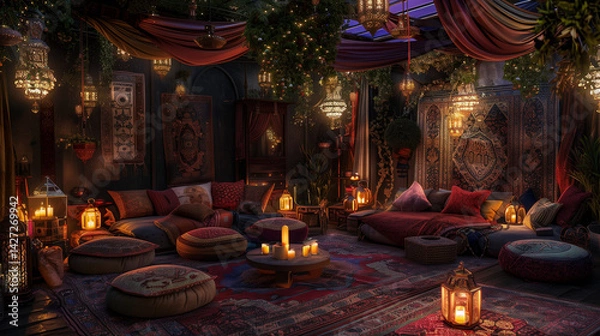 Fototapeta Cozy bohemian lounge with lanterns, floor cushions, and candles illuminating rich textiles in a magical evening setting