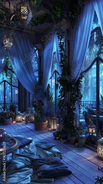 Fototapeta Cozy bohemian-style terrace with flowing curtains, hanging lanterns, and lush greenery lit by soft candlelight during twilight