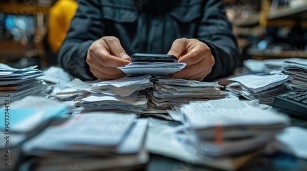 Obraz Overwhelmed by Paperwork: A Person Drowning in Bills and Receipts