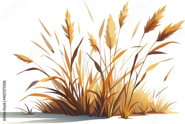 Fototapeta watercolor dry grass and twigs isolated on white background. ears of wheat in the sunset