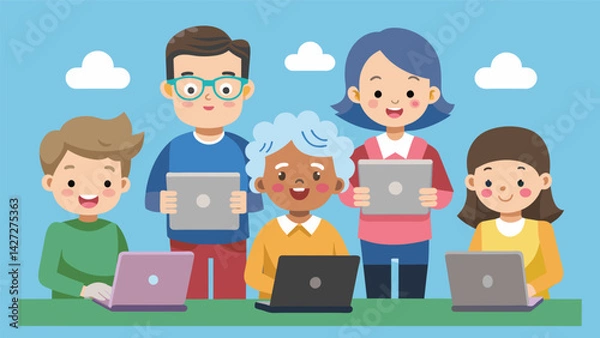 Fototapeta A group of children organizing a tech workshop for elderly members of their community teaching them how to use social media to connect with loved. Vector illustration