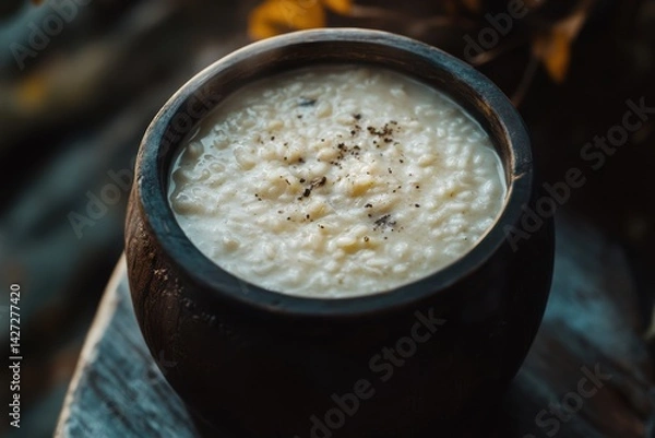 Fototapeta Close-up of creamy rice porridge served in a rustic wooden bowl, garnished with black pepper.