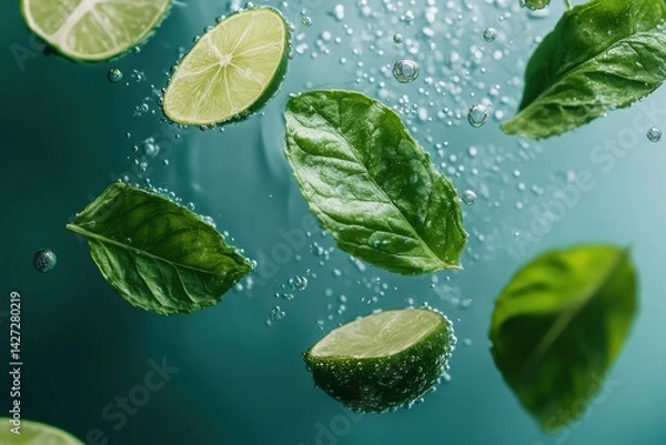 Fototapeta Fresh green basil leaves and lime slices rise in bubbles against a teal background, evoking freshness.