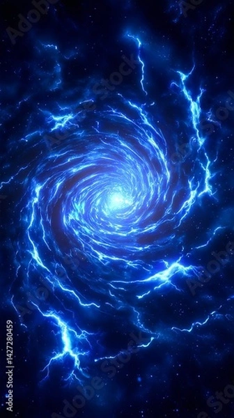 Fototapeta A massive electrical current spirals outward with neon blue and white lightning bolts and dynamic motion blu