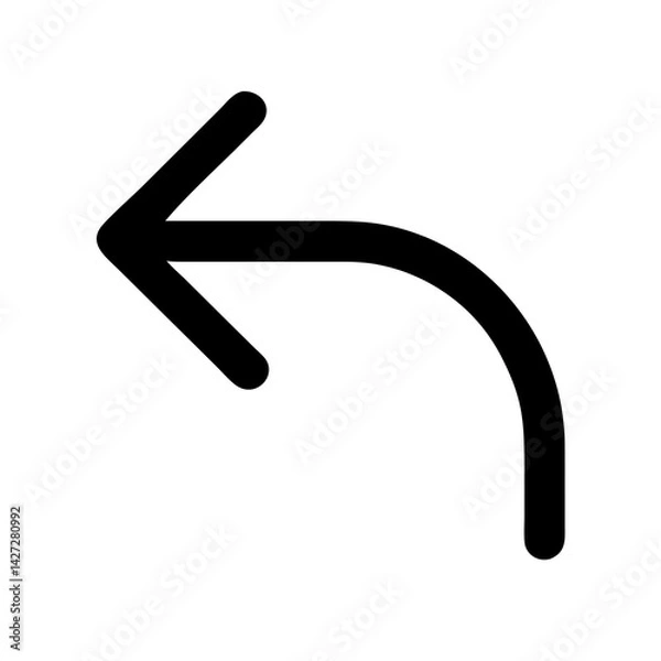 Fototapeta A simple black arrow pointing left with a curved tail on a plain white background in vector format