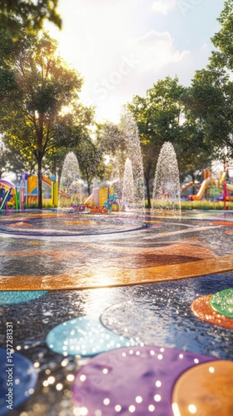 Fototapeta Fountain splash pad in empty city park during summer with colorful design and playful background