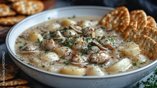 Fototapeta Creamy Clam Chowder with Crackers: A Delicious and Comforting Seafood Soup