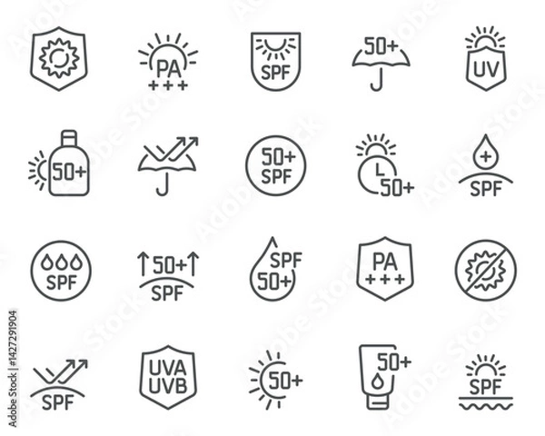 Fototapeta Editable vector icon set on sun protection with SPF and PA elements. Includes icons for various UV protection levels, SPF, and UVA. Ready for design use.