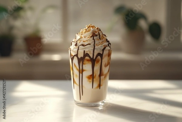 Fototapeta A delicious dessert cup featuring whipped cream, chocolate drizzle, and caramel topping, set in a bright, inviting atmosphere.