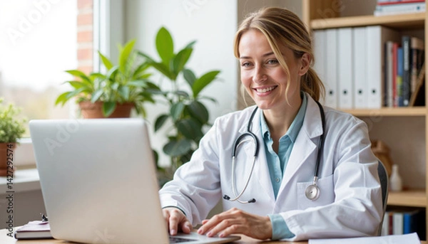 Obraz Female doctor smiling while working on a laptop in an office  