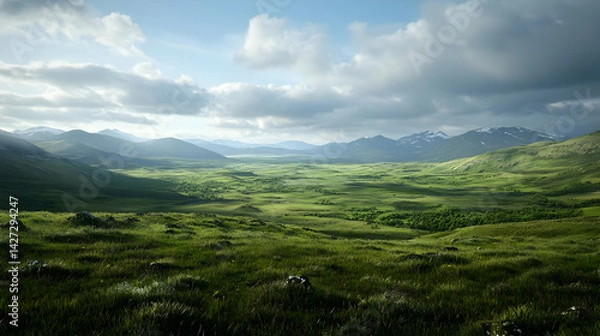 Fototapeta Green Valley Scenery With Mountains And Clouds