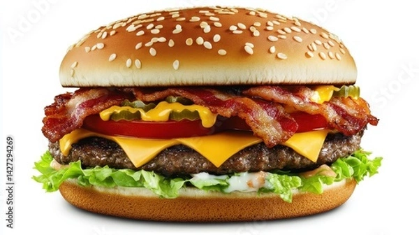 Fototapeta A delicious looking burger with bacon and sesame seed bun