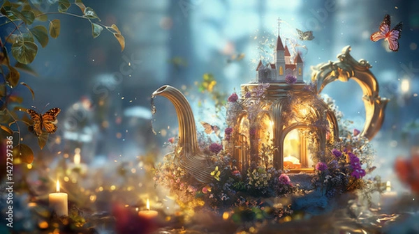 Fototapeta Magical teapot adorned with flowers and miniature castle glowing in candlelight