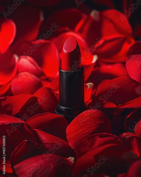 Obraz Close-up of a red lipstick surrounded by vivid red petals, dramatic focus
