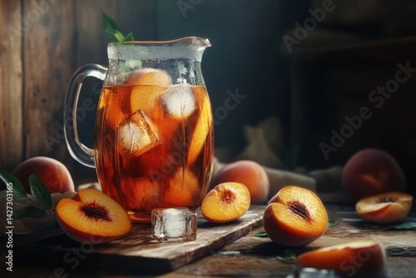 Fototapeta Refreshing iced peach tea in a glass pitcher surrounded by fresh peaches and ice cubes.