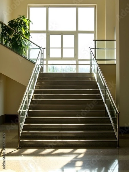 Fototapeta Modern glass staircase with natural light streaming through a large window. Sunlight casts shadows on the floor.
