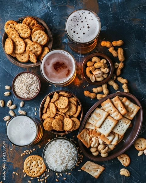 Obraz Creative flat lay of gluten-free beer options with labels and complementary snacks like nuts and rice crackers,