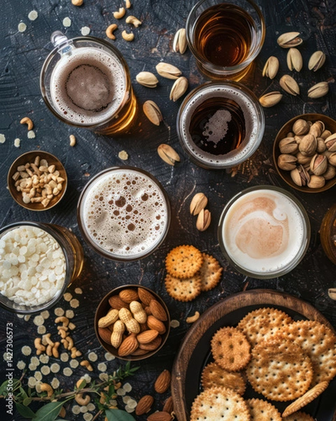 Obraz Creative flat lay of gluten-free beer options with labels and complementary snacks like nuts and rice crackers,
