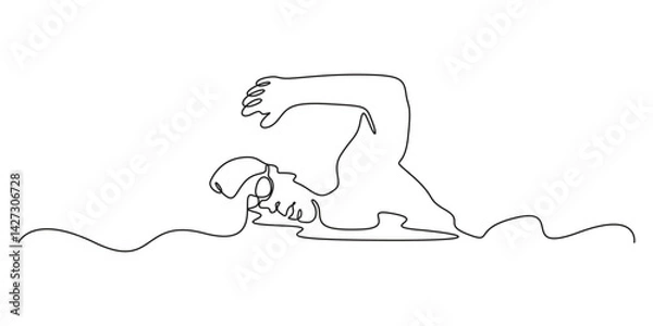 Fototapeta Continuous one line drawing of young happy professional swimmer man focus training in gym swimming pool center. Healthy lifestyle concept. Trendy single line draw graphic design vector illustration