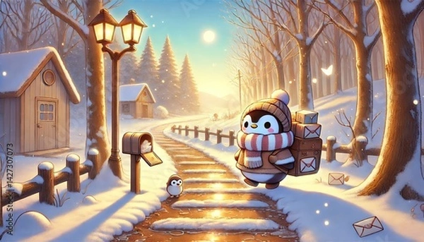 Fototapeta A charming scene of a small penguin mail carrier walking along a thawing forest path under a sky, delivering glowing letters and parcels to a distant village, in a whimsical, gentle spring landscape
