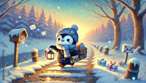 Fototapeta A whimsical scene of a small penguin mail carrier delivering glowing letters and parcels along a thawing forest path, surrounded by the gentle warmth of early spring and soft pastel colors