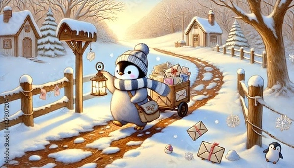 Fototapeta A Small Penguin Mail Carrier's Cheerful Journey Along a Melting Forest Path, Delivering Magical Letters in a Quiet Springtime Woodland Under a Soft Sky