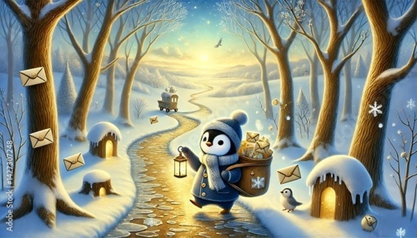 Fototapeta A heartwarming illustration of a penguin mail carrier delivering magical letters in a melting snow forest, tiny woodland homes, and a gentle breeze hinting at the arrival of spring