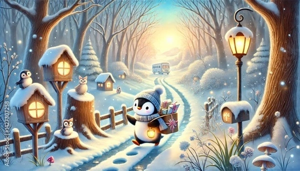 Fototapeta A heartwarming storybook-style illustration of a little penguin mail carrier traveling along a melting snow path, delivering magical letters to woodland creatures in a peaceful fantasy forest
