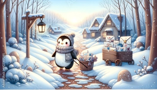 Fototapeta A Small Penguin Mail Carrier's Delightful Journey Through a Melting Snow Path in a Quiet Forest, Delivering Magical Letters Under a Soft Spring Sky