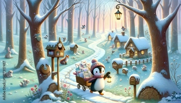 Fototapeta A heartwarming illustration of a penguin mail carrier traveling through a melting winter forest, delivering magical letters to woodland homes, with a sky hinting at the arrival of spring