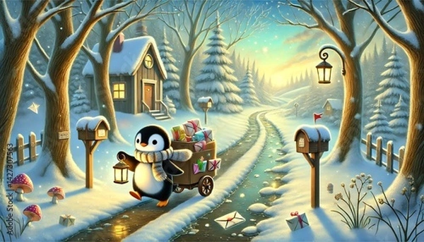 Fototapeta A Magical Springtime Journey: The Penguin Mail Carrier's Enchanted Forest Path