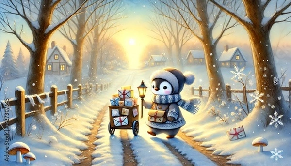 Fototapeta A Small Penguin Mail Carrier Journeying Through a Sunlit, Thawing Forest with Glowing Parcels and a Magical Lantern Under a Soft, Pastel Spring Sky