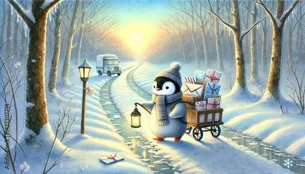 Fototapeta A charming watercolor scene of a small penguin mail carrier traversing a thawing forest path, under a serene sky blending winter's coolness with the warmth of spring