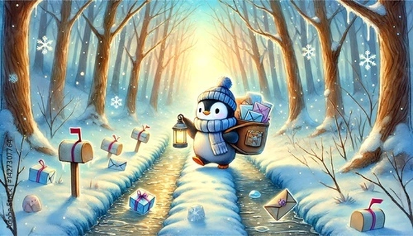 Fototapeta A gentle watercolor painting of a small penguin mail carrier walking along a thawing forest path on a sunny spring day, delivering glowing letters and packages