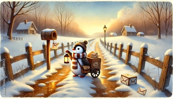 Fototapeta A Small Penguin Mail Carrier Journeying Through a Melting Snowy Forest Towards a Village Under a Soft Pastel Sky, with Glowing Letters and Parcels Adding a Magical Touch