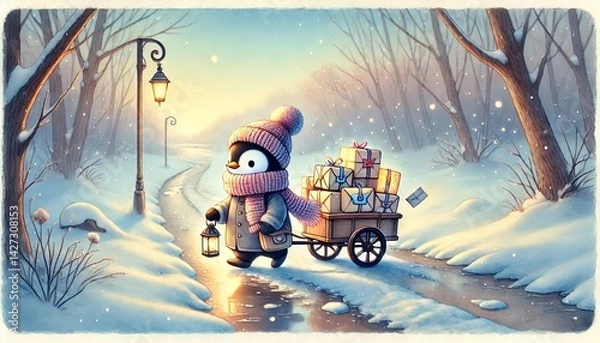 Fototapeta A whimsical watercolor painting of a small penguin mail carrier journeying through a thawing forest path under a soft spring sky, delivering glowing letters and parcels