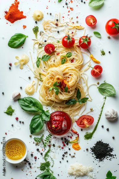 Obraz Deconstructed pasta dish with individual noodles, sauce, and garnishes highlighted