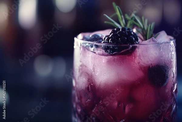 Obraz Refreshing blackberry cocktail garnished with rosemary, showcasing vibrant color and ice.