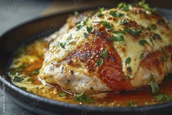 Fototapeta Delicious grilled chicken breast topped with melted cheese and fresh herbs, served on a sizzling plate.