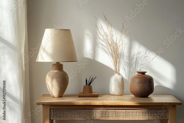 Fototapeta Stylish home workspace with decorative vases, writing utensils, and soft lighting near a window during daylight