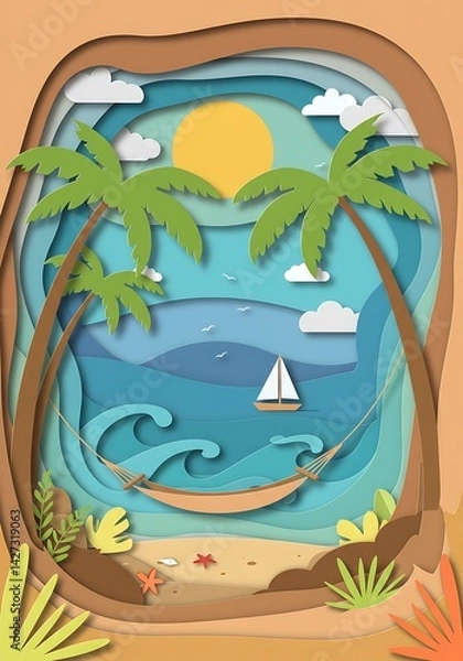 Fototapeta Tropical Beach Scene with Palm Trees Hammock and Boat Paper Cut
