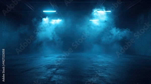 Fototapeta Mystical blue illuminated space with dramatic fog creating a stage atmosphere