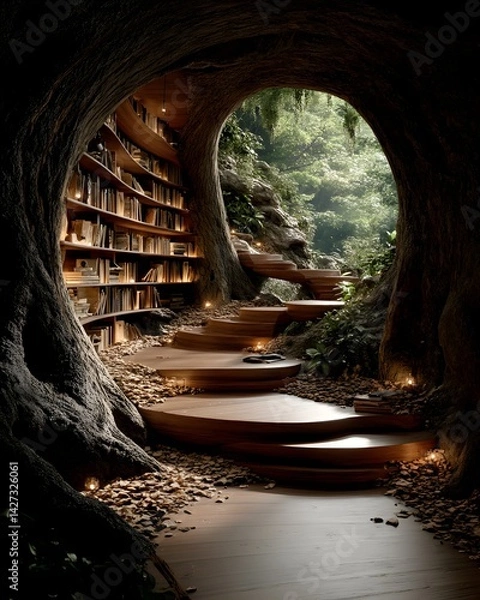 Obraz Library within a hollowed-out ancient tree, with wooden spiral staircase and glowing books. Light filters through the leaves, evoking calm and imagination—ideal for fantasy or nature-inspired designs.