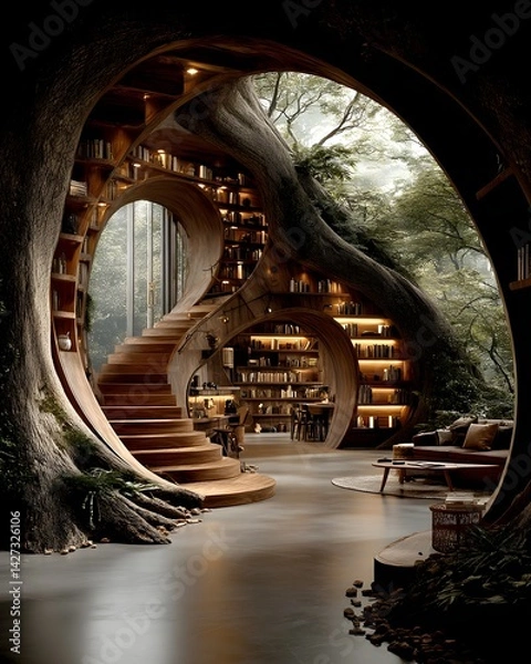 Obraz Library within a hollowed-out ancient tree, with wooden spiral staircase and glowing books. Light filters through the leaves, evoking calm and imagination—ideal for fantasy or nature-inspired designs.