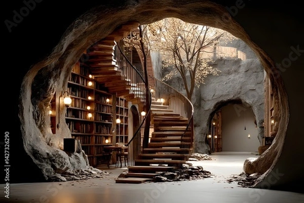 Fototapeta Library within a hollowed-out ancient tree, with wooden spiral staircase and glowing books. Light filters through the leaves, evoking calm and imagination—ideal for fantasy or nature-inspired designs.