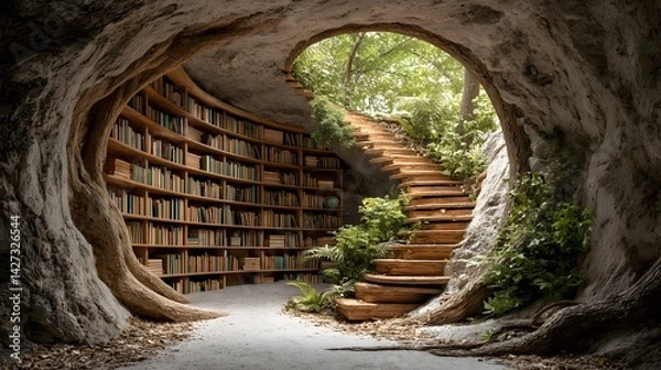 Obraz Library within a hollowed-out ancient tree, with wooden spiral staircase and glowing books. Light filters through the leaves, evoking calm and imagination—ideal for fantasy or nature-inspired designs.