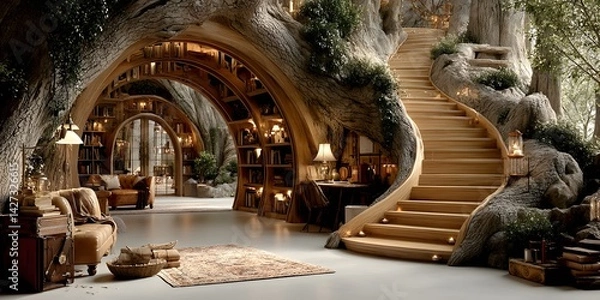 Obraz Library within a hollowed-out ancient tree, with wooden spiral staircase and glowing books. Light filters through the leaves, evoking calm and imagination—ideal for fantasy or nature-inspired designs.