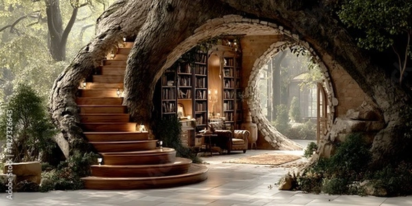 Obraz Library within a hollowed-out ancient tree, with wooden spiral staircase and glowing books. Light filters through the leaves, evoking calm and imagination—ideal for fantasy or nature-inspired designs.